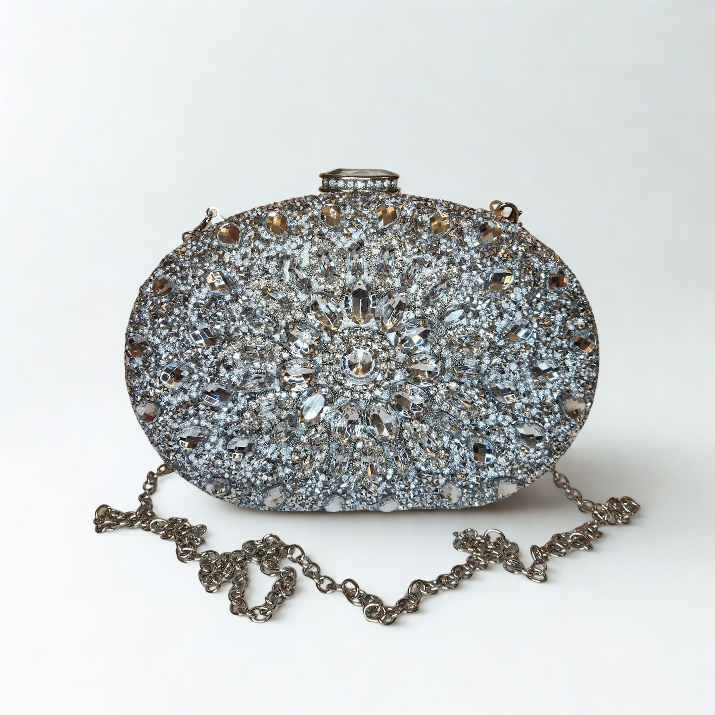 Crystal Diamonds Embellished Silver Clutch