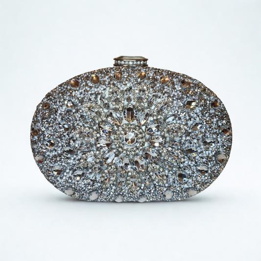 Crystal Diamonds Embellished Silver Clutch