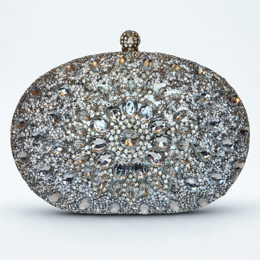Crystal Diamonds Embellished Silver Clutch